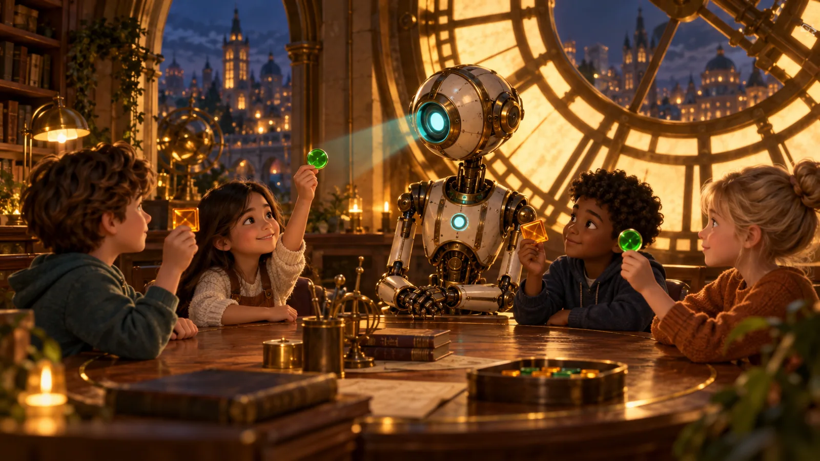 Children behind the big clock face hold up yes and no tokens while a machine waits for their answer.