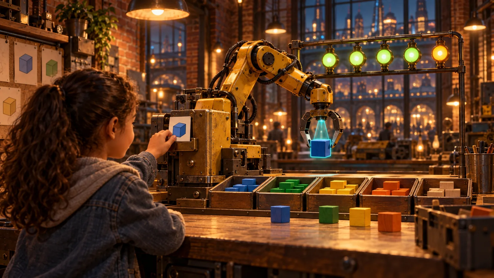 A robot arm sorts coloured blocks under four green lamps and one amber one, and a girl slides in a new picture card to teach it.