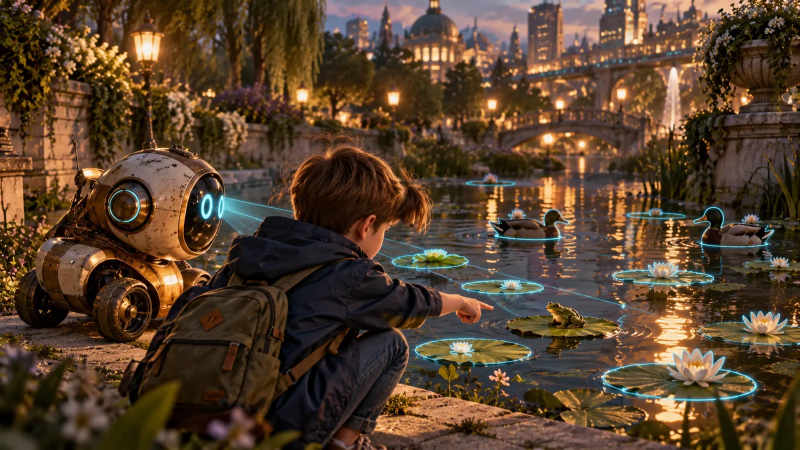 A park robot outlines the ducks and leaves it has noticed on the pond, and a boy points at the frog it missed.