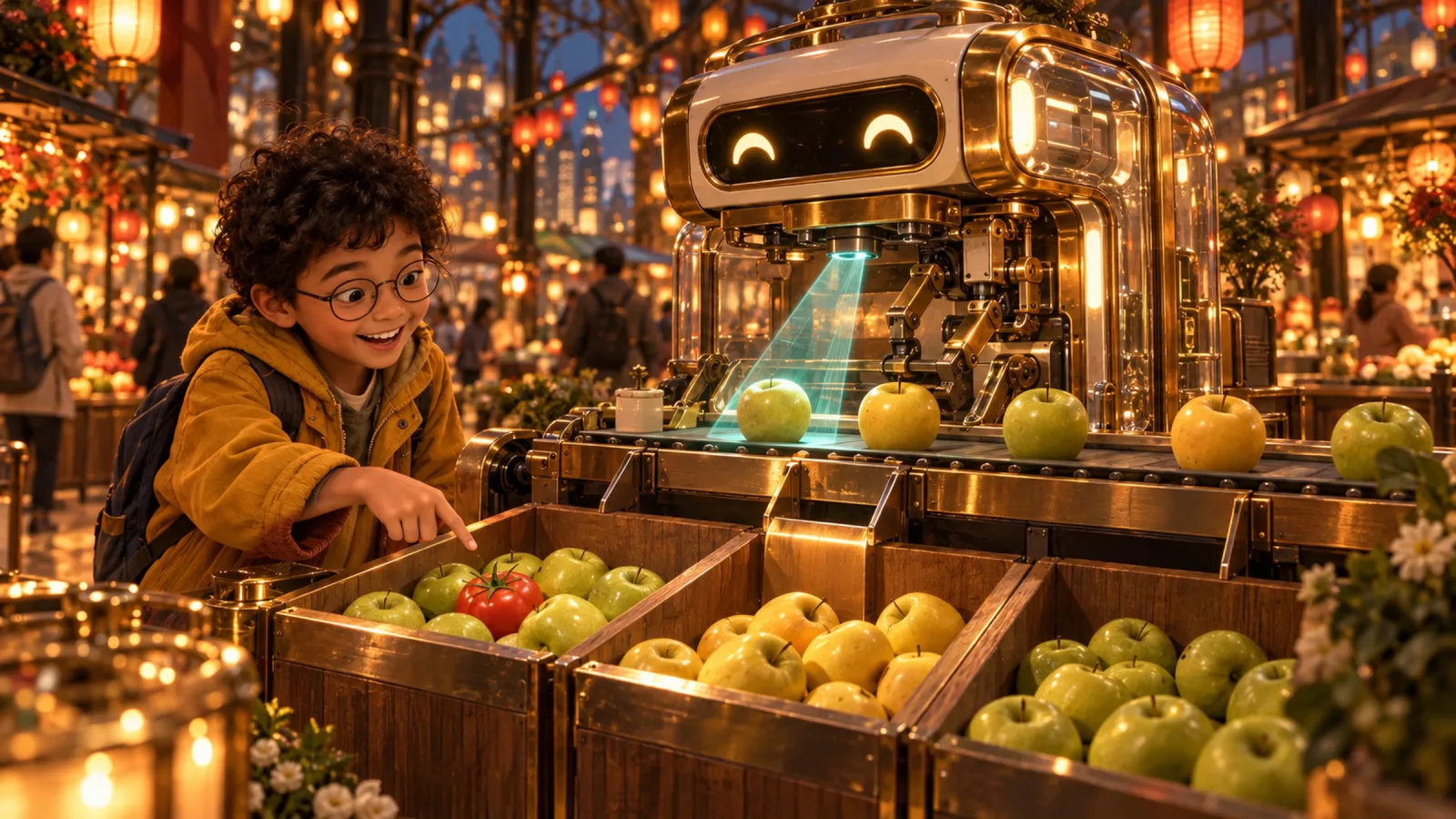 A sorting machine scans apples with a soft light beam, and a boy points at the tomato it dropped into the apple bin.