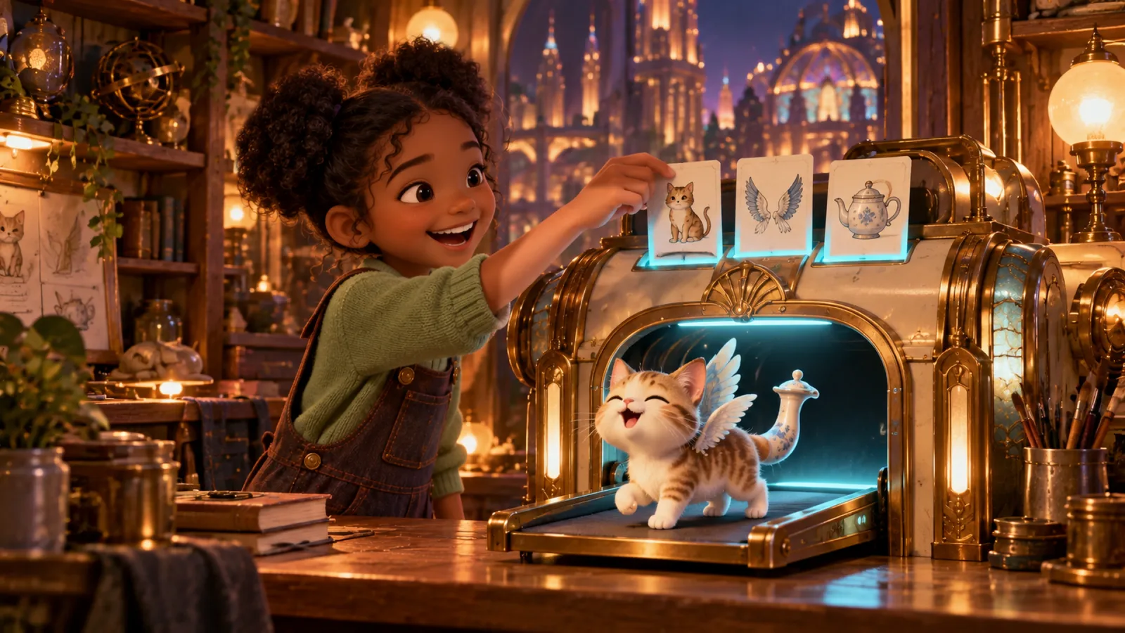 A girl laughs as a machine turns her cards of a cat, wings and a teapot into a new winged cat with a teapot-spout tail.