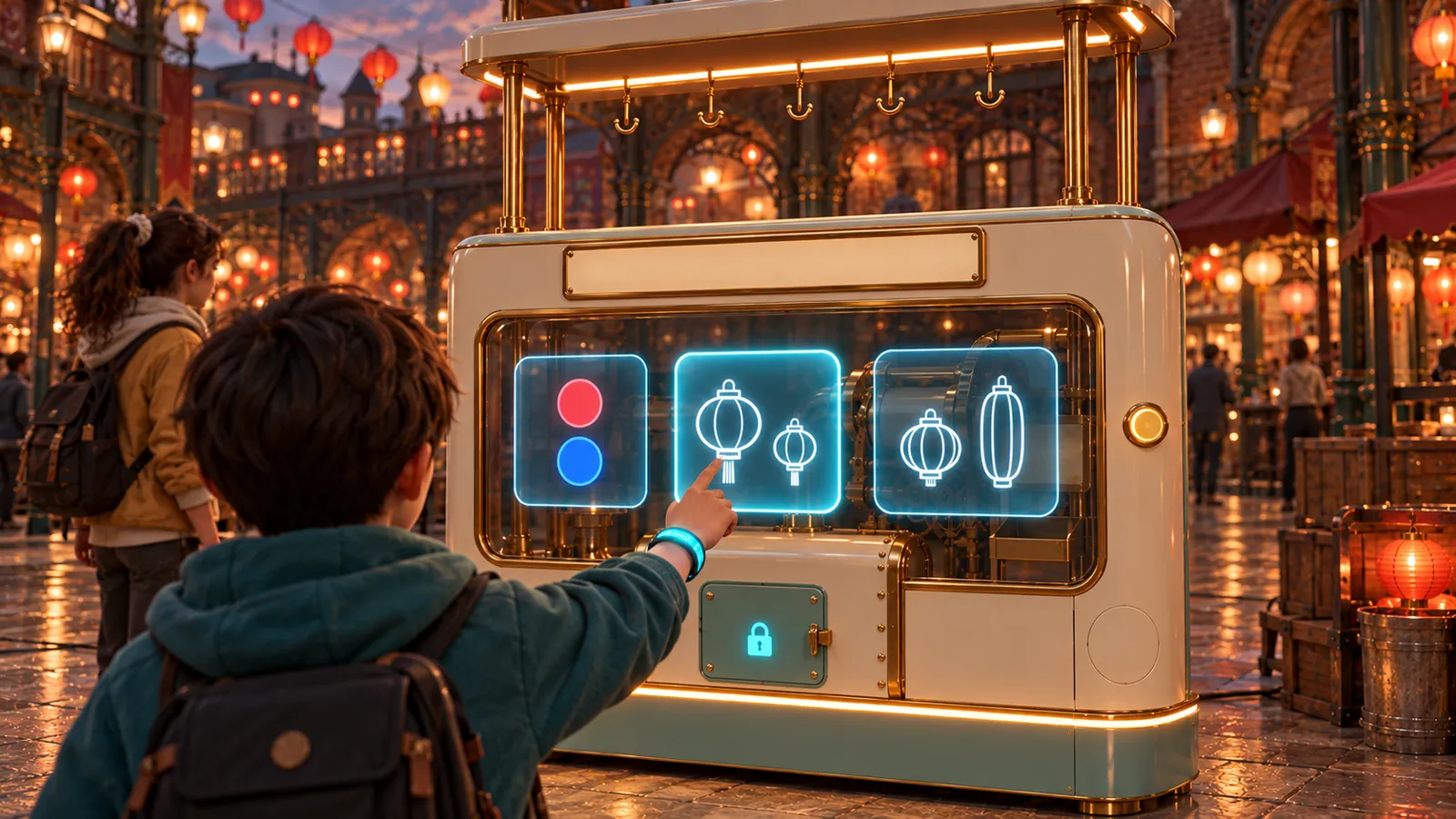 The child points at colour, size and shape choices while the machine hatch stays locked.