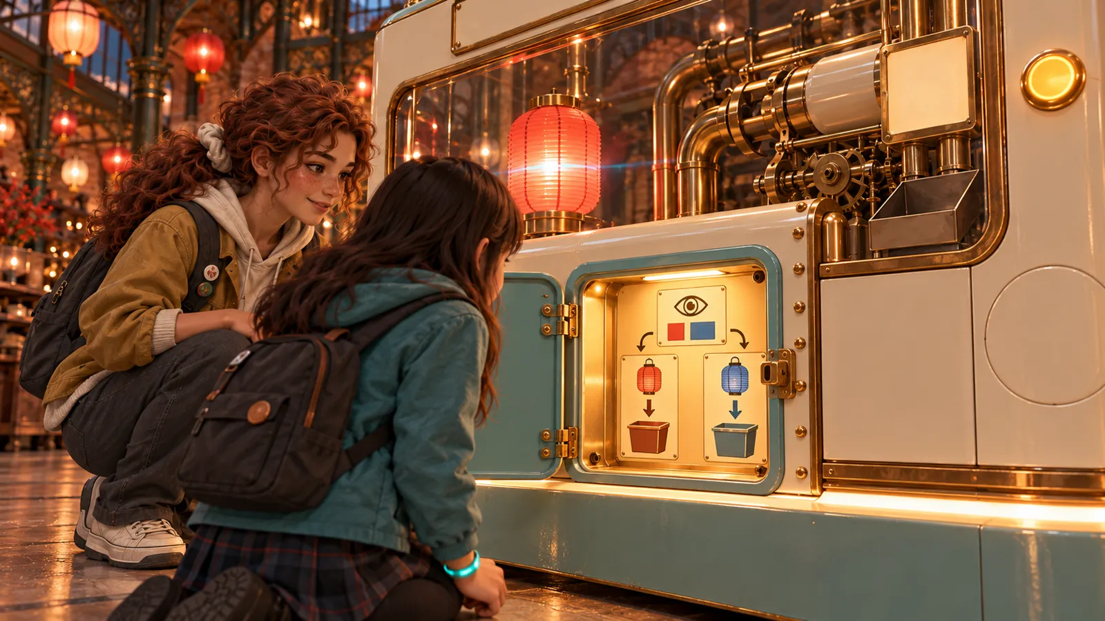 The child and Max look through the open hatch at pictures showing how the machine sorts.