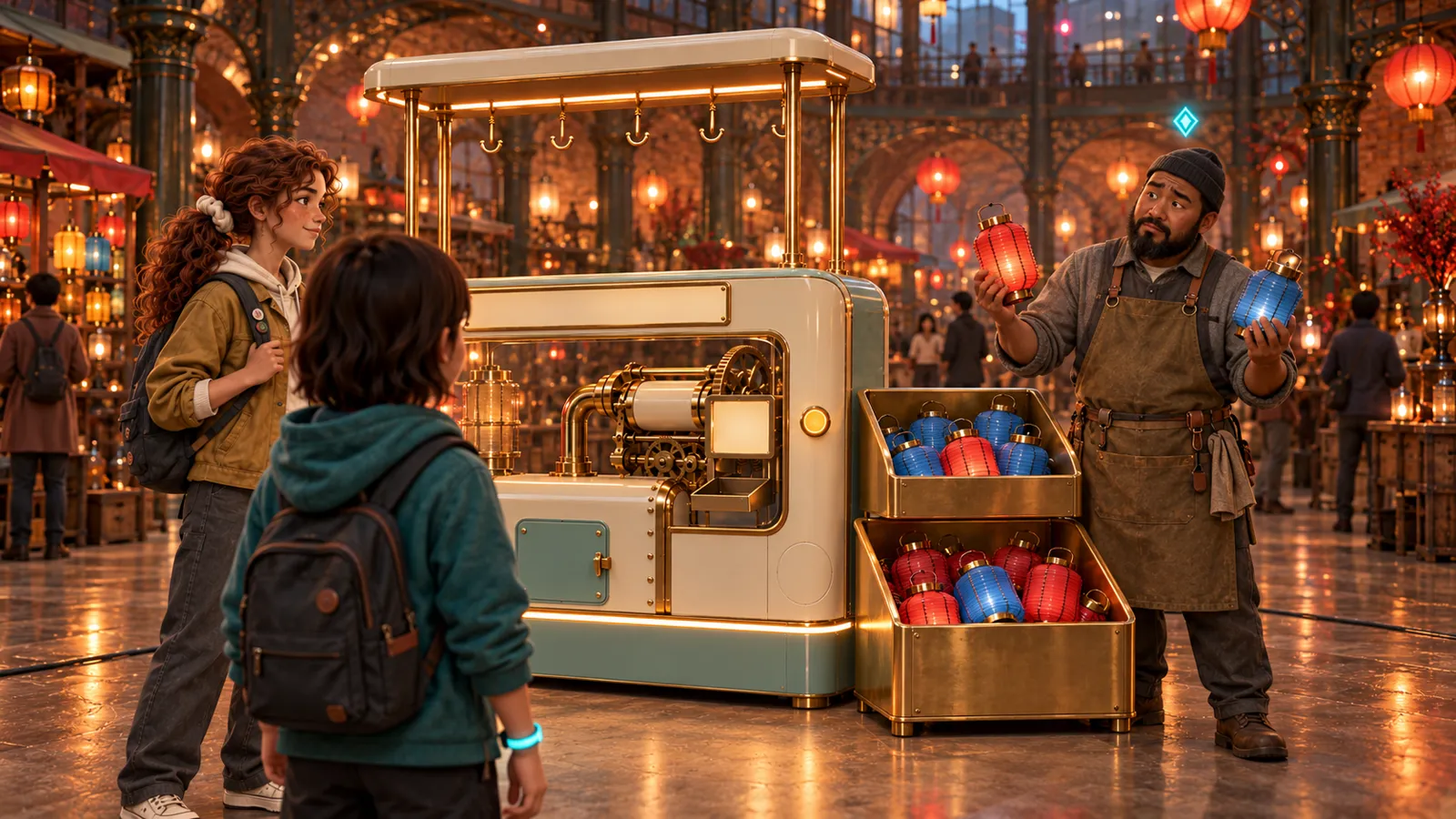 The child and Max listen as a stall keeper shows lanterns in the wrong bins.
