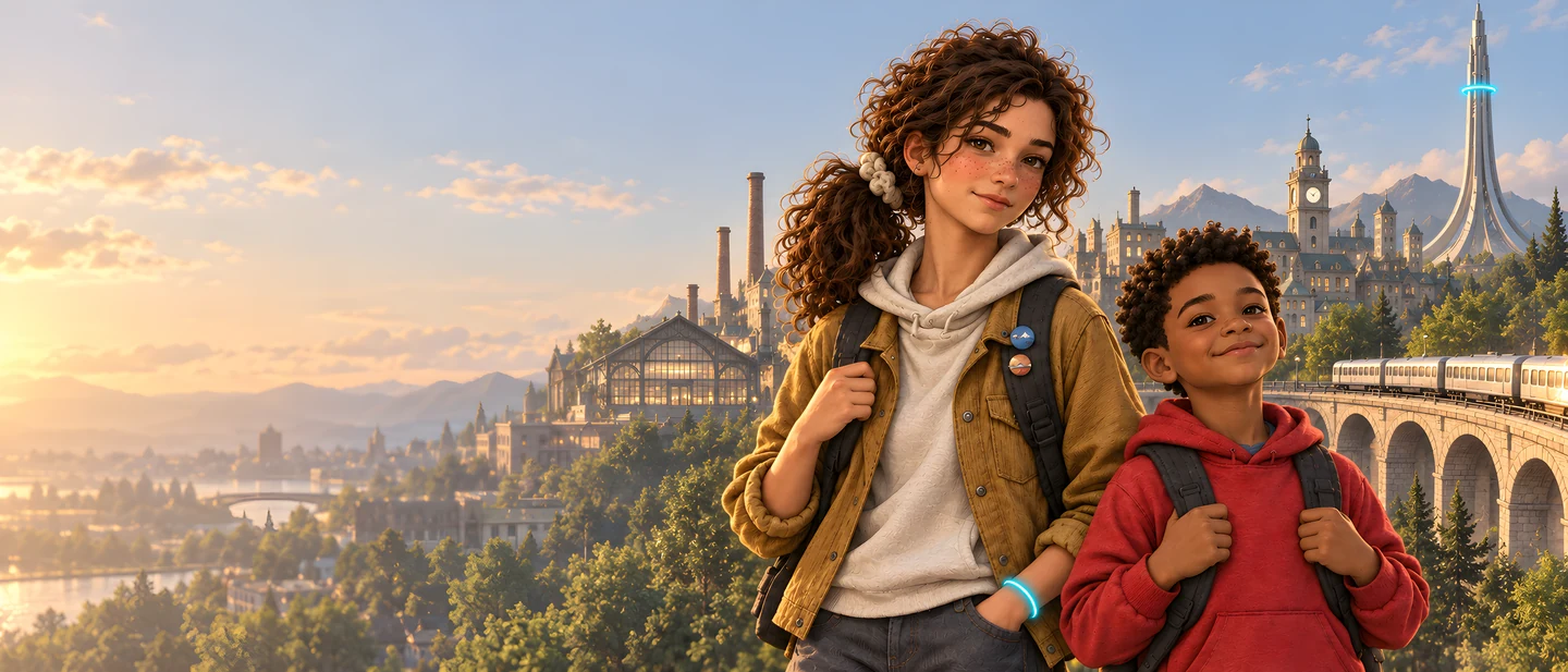 Max and a young apprentice in Mechna City at golden hour, with the clock tower, the viaduct train and the glass Spire behind them.